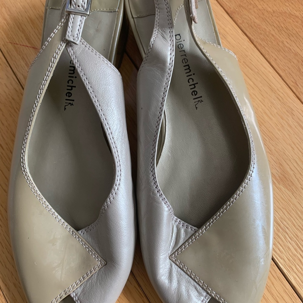 PIERRE MICHEL | beige wedge peek toe dress sandals, sling back, leather upper